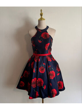 Women's Let's Navy Red Floral Halter Mini Dress XS